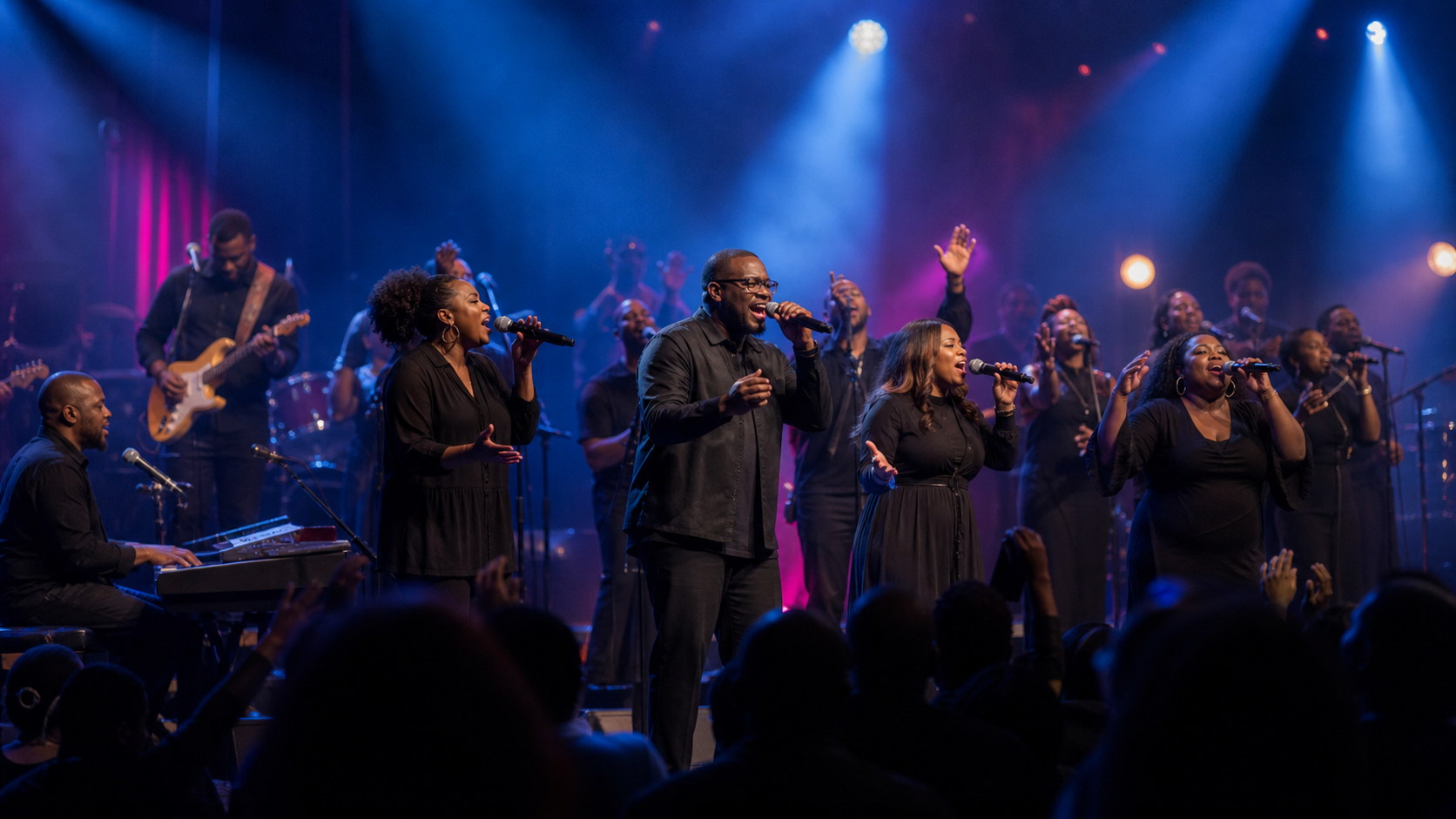 Ensamble gospel y banda en vivo sobre un escenario iluminado